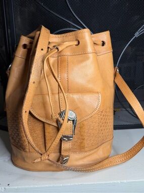Vintage Force Ten West Handmade Western Leather Drawstring Bucket Bag